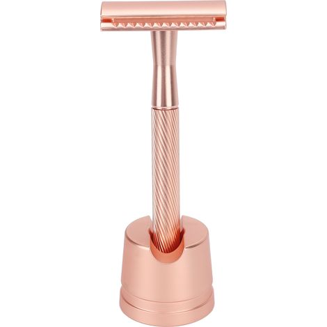 Lotiton rasoir de sécurité homme en alliage de zinc, manche en laiton portable, double lame avec socle, entretien visage, couleur cuivre (1/5)