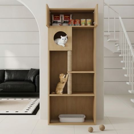 Katzenmöbel mit Kratzbaum und Platz für Katzentoilette, multifunktionales Regal aus Naturholz, 80 x 45 x 193 cm (ohne Toilette) (1/5)
