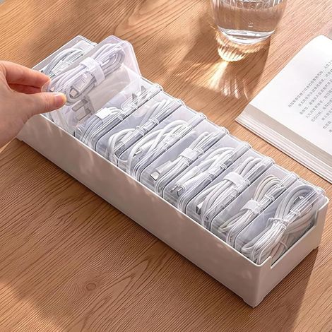 Los 11 Aufbewahrungsboxen für Kabel mit Fächern, geteilt für Ladekabel, Steckdosen, kleine elektronische Accessoires (weiß) (1/4)