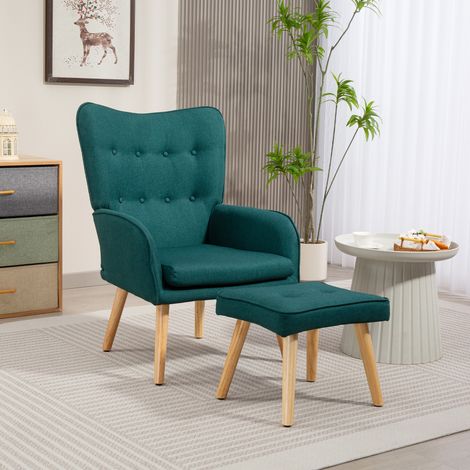 Sillón con Reposapiés Sillón Lectura con Respaldo Alto Capitoné Patas de Madera y Tapizado en Lino Verde Oscuro (1/5)