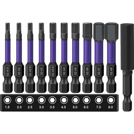 Punte per cacciavite a brugola S2 - 10 pezzi [H1.5 - H8] Set di punte per cacciavite a brugola da 50 mm + 1 prolunga da 60 mm - punta per cacciavite elettrico (1/2)