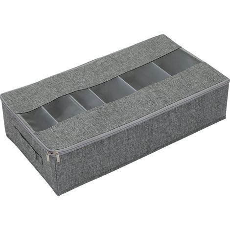 Schuhaufbewahrungsbox mit 6 Fächern aus waschbarem Baumwoll-Leinen-Gewebe, 60 x 30 x 14 cm, mit Reißverschlussdeckel und transparentem PVC-Fenster (1/5)