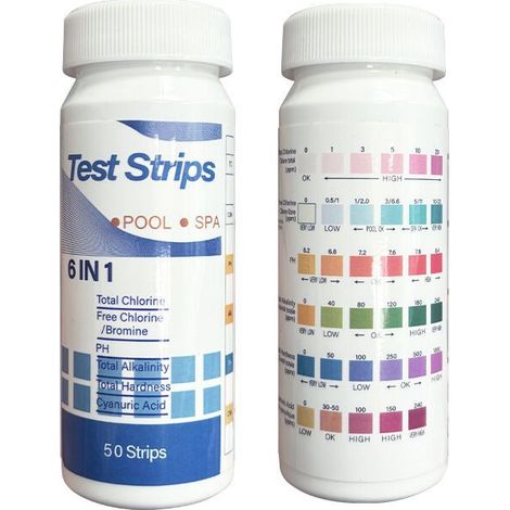 Lot de 50 Bandes de Test, 6 En 1 Bandes Spa Et Piscine, Bandes Test Eau pour Tester Chlore Libre, Le Brome, la dureté Totale, l’alcalinité Totale, l’Acide cyanurique et Le pH (1/5)
