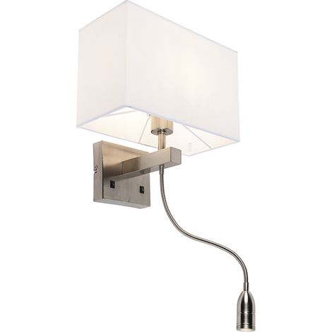 Qazqa – Applique murale chambre en acier avec abat-jour blanc – Bras de lecture flexible LED 90 lumens – Longueur 40 cm – Non dimmable (1/7)