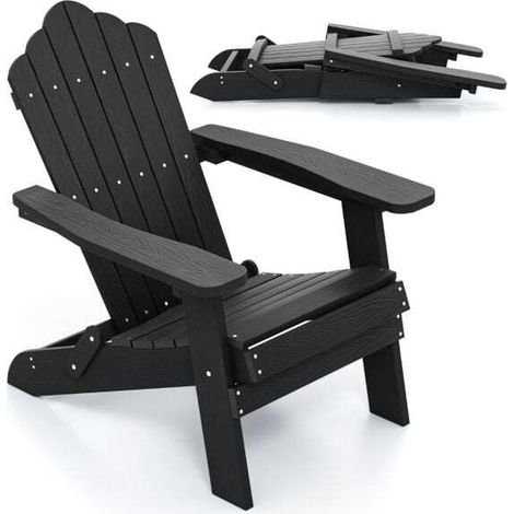 Fauteuil Adirondack pliant noir en HIPS avec accoudoirs larges et dossier incliné, pour jardin, terrasse et piscine (1/5)