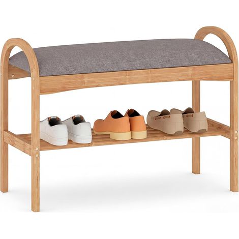 COSTWAY Panca Porta Scarpe in Bambù con Cuscino, Contenitore, 2 Livelli, 70x31.5x51cm (1/5)