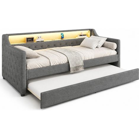 Lit de jour 90 x 200 cm avec lit gigogne, LED connectée, ports USB, sommier à lattes, tissu gris, sans matelas, gain de place – CHICFURN (1/5)