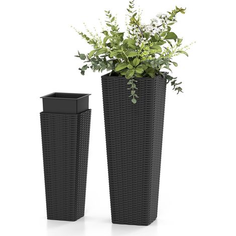 GOPLUS 2PCS Pot de Fleur Exterieur Carrés, Cache Pot Plante Interieur en Plastique Auto-Arrosants avec Trous de Drainage et Godet Amovible, Jardinière Décoratif pour Porche, Jardin et Véranda (Noir) (1/5)