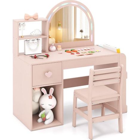 Kids Vanity Table and Chair Set, Lighted Mirror, Pink (1/5)