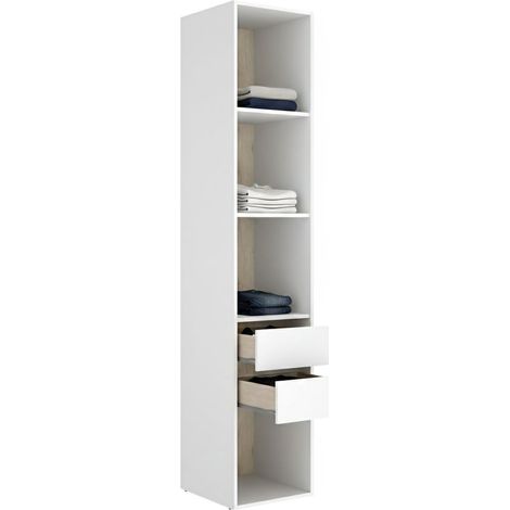 Armario Grande Claymont, Dormitorio 3 Estantes, 2 Cajones, Puerta Corrediza, 45x205h cm Blanco