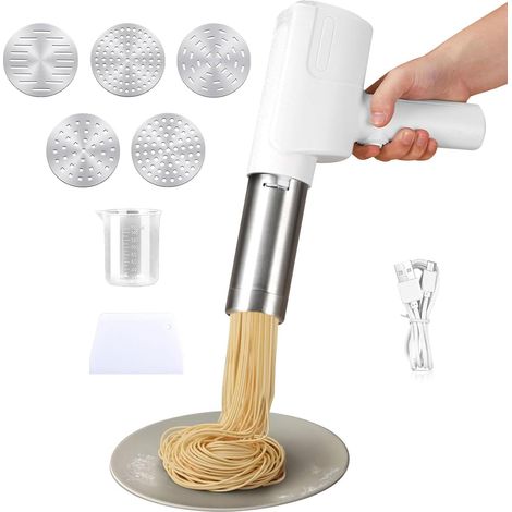 Machine à Pâte Électrique Portable 2000 mAh, Laminoir à Pâtes Fraîches sans Fil avec 5 Moules Amovibles, Appareil Automatique Multifonctionnel Pasta Maker en Acier Inoxydable