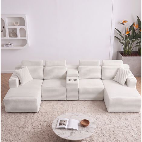 Sofá modular en U de pana crema 373 x 150 cm con 2 portavasos OKWISH (1/5)