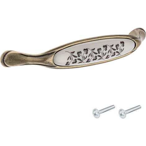 1x Poignée de meuble vintage zamak finition laiton porcelaine céramique motif fleur entraxe 96 mm tiroir armoire avec vis (1/3)