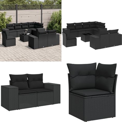 9-tlg. Garten-Sofagarnitur mit Kissen Schwarz Poly Rattan - Gartenmöbel Set - PE-Rattan Möbel - Outdoor Lounge - Esstisch - Sofasatz - Home & Living (1/5)