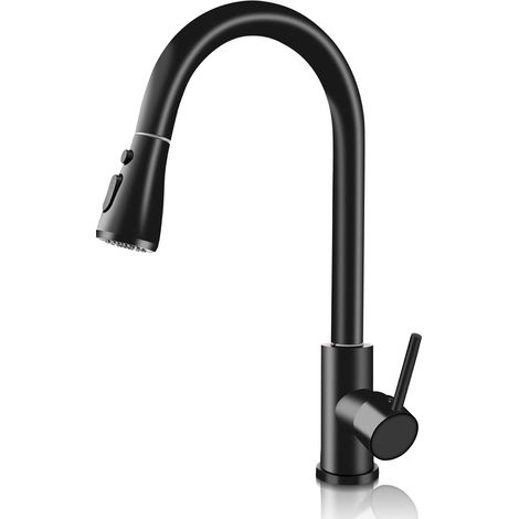 Robinet de cuisine pivotant à 360° avec mitigeur monocommande et bec haut, douchette extractible à 2 jets (noir) (1/5)