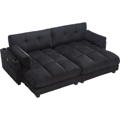 Sofá de 2 plazas de pana negra, divisible en 2 sillones, con cojines, USB y portavasos (1/5)