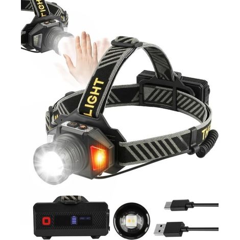 Lampe Frontale Led Ultra Puissante Rechargeable USB C avec 12 Modes d’Éclairage, Capteur & Warning Light, IPX5 Étanche, 90° Réglable Zoomable Tête Extensible pour Camping, Randonnée,