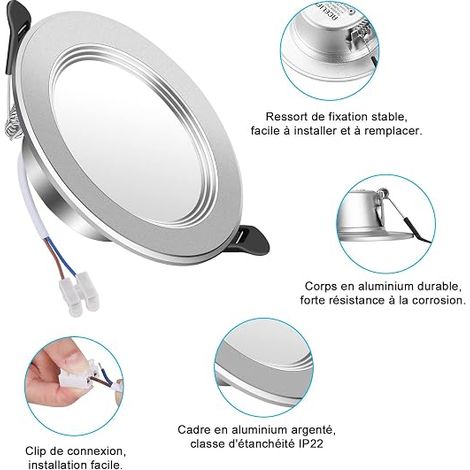 Spot Led Encastrable, Encastré Lampe Plafonnier, 7W 700lumen, Blanc Froid 6000K, Aluminium Rond en Métal, Salle de Bain, Salon (1/3)