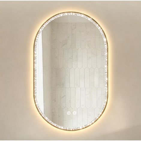Miroir de salle de bains LED ovale 50 x 80 cm antibuée, cadre or brossé et cristaux (1/5)