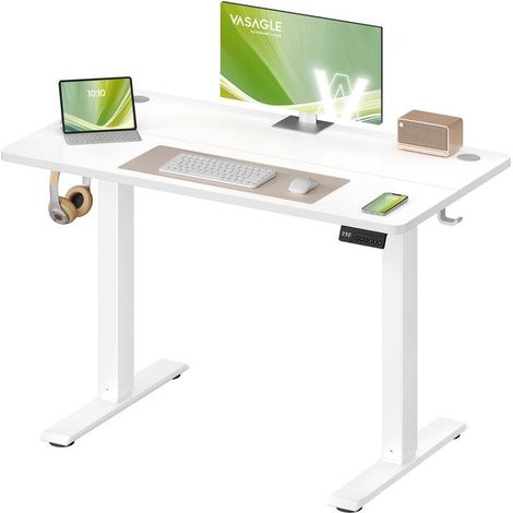 Bureau assis-debout réglable hauteur 100 x 60 cm fonction mémoire 4 niveaux télétravail style moderne en aggloméré blanc (1/2)
