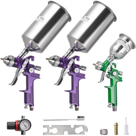 Kit de 3 Pistolas Pulverizadoras de Pintura por Gravedad, 3 Boquillas 1,0/1,4/1,8 mm, Pistola Pulverizadora de Pintura de Aire Comprimido para Muebles Coches, Hierro Inoxidable y Aluminio (1/5)
