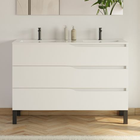 Meuble de salle de bain 120cm avec plan double vasque - 3 tiroirs - sans miroir - blanc - MATA (1/4)