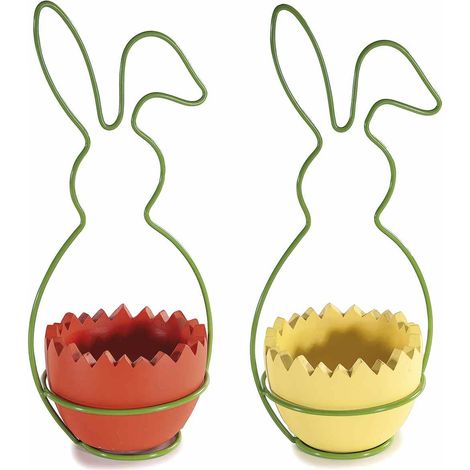 Vasetto a uovo di Pasqua in cemento colorato con manico verde in metallo a forma di coniglio e contenitore, set da 4 pezzi, cm 13 x 11,5 x 30,5 H