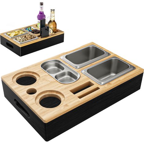 Plateau à snacks, plateau de canapé, rangement de canapé, plateau multifonctionnel, plateau à snacks, porte-verres de canapé, avec deux plateaux à snacks et un porte-bouteilles, plusieurs compartiment (1/5)