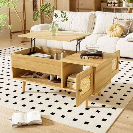 Table basse, plateau bois massif accents noir + table basse salon, plateau relevable, portes imitation rotin, rangement intégré