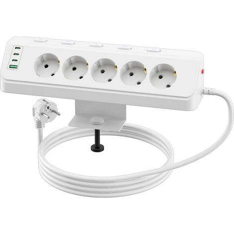 Multiprise 5 Prises d'angle avec USB, Multiprise de Table à Pince (Blanche) (1/5)