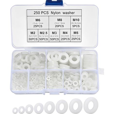 250 pièces rondelle plate en nylon kit, joints plats isolants blancs en plastique pour vis et boulons, joint robinetterie caoutchouc, tuyau, plomberie (1/5)