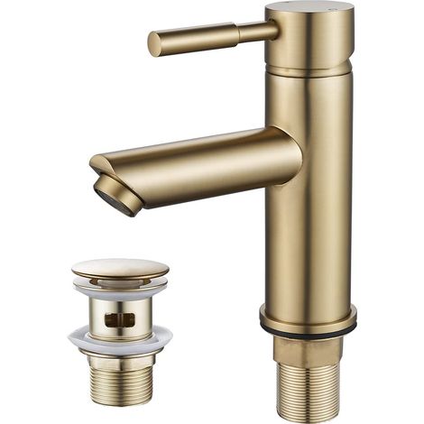 Robinet de lavabo doré avec bonde de vidage, robinet mitigeur d'évier à levier unique en laiton pour eau froide et chaude (1/5)