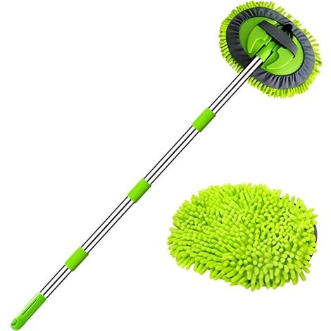 Brosse de lavage voiture 2-en-1 en microfibre et chenille, manche télescopique 160 cm, rotation 180°, anti-rayures – avec gants