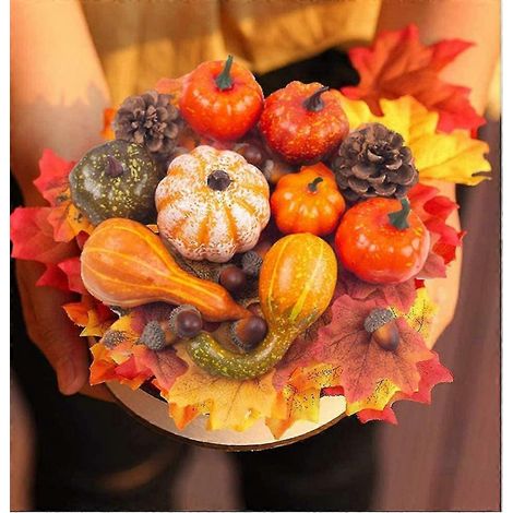 Calabazas artificiales Starlight para decoración, decoración de Halloween, cosecha y Acción de Gracias, mini calabazas artificiales y calabacines, hojas de arce, musgo de calabaza