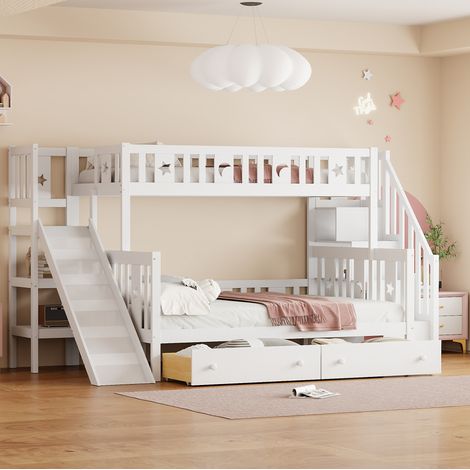 DESVIAE Lit superposé enfant avec toboggan de sécurité et étagères 90 x 200 140 x 200 blanc avec 2 tiroirs et sommier à lattes en bois (1/5)
