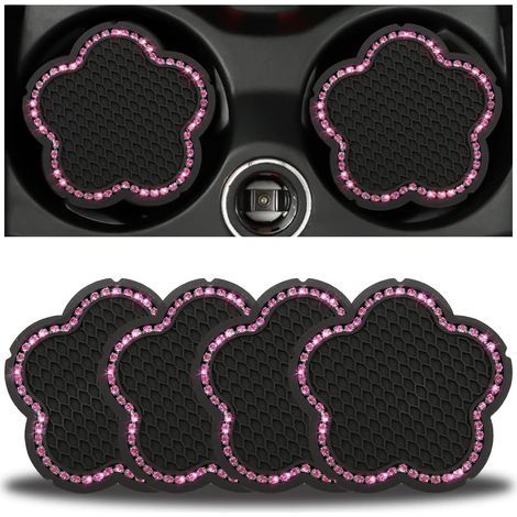 Lot de 4 tapis de porte-gobelet de voiture à strass, 7 cm, antidérapants, en cristal, motif fleur de prunier mignon (rose) (1/5)