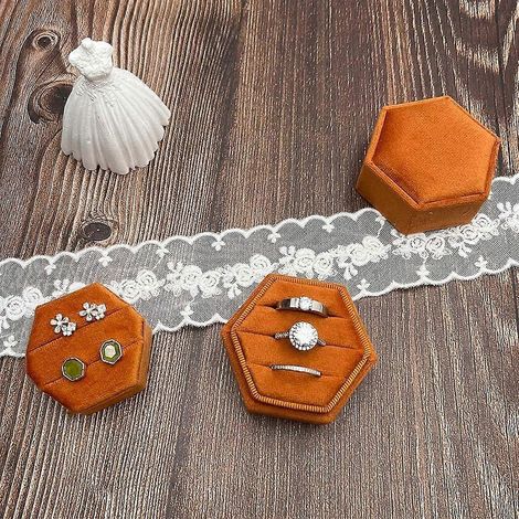 Boîte à bagues hexagonale en velours 2 en 1, 2 et 3 emplacements, porte-bagues fait main pour demande en mariage, fiançailles, mariage, voyage (Orange) (1/4)