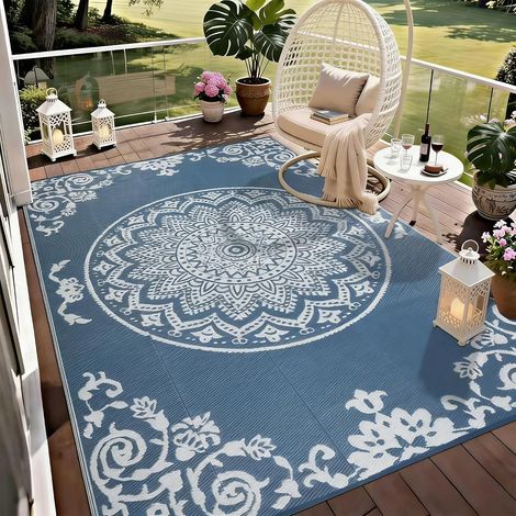 Tapis Exterieur Resistant Pluie Réversible 180x270cm Tapis Exterieur Terrasse Tapisextérieur pour Balcon, Terrasse, Jardin, Camping, Pique-Nique(Bleu (1/5)