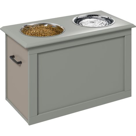 Gamelles Chiens surélevées gamelle Double Chien Chat Porte-gamelles surélevé dim. 60L x 30l x 41H cm 2 gamelles 2L poignées Coffre Bois Gris (1/5)