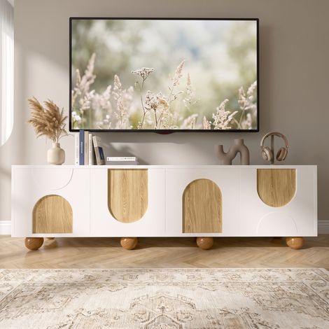 Meuble TV 175x38x50cm avec 4 Portes, Banc TV Rangement, Bois d'ingénierie, Style Moderne Minimaliste, Naturel et Blanc (1/5)