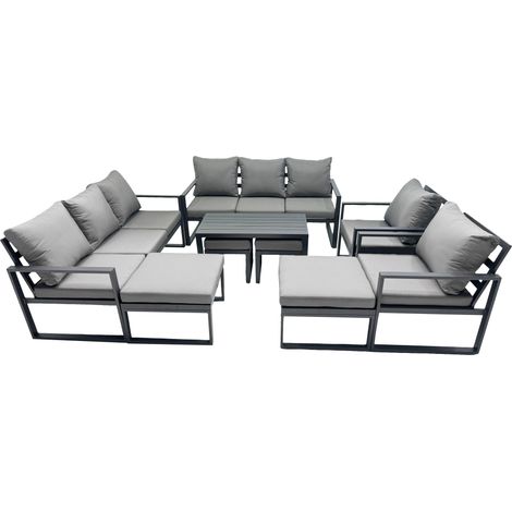 Fimous Outdoor Garden Furniture Set Aluminium Lounge 3 Seat Sofa Oblong Coffee Table Sets with 2 Chairs 4 Stools Dark Grey (1/5)
