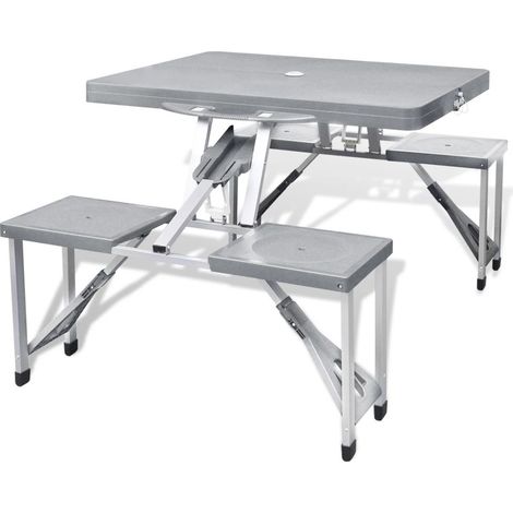 Set mesa plegable de camping y 4 taburetes aluminio gris claro vidaXL (1/2)