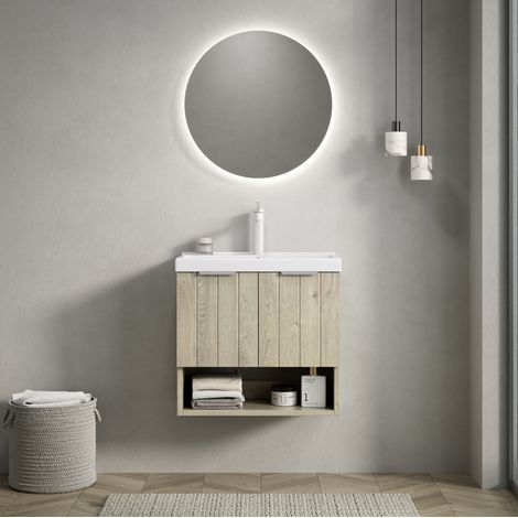 Waschbeckenunterschrank hängend 55 cm modern mit Keramikwaschbecken, 2 Türen und offenem Fach, cremefarbene Eiche/Weiß (1/5)