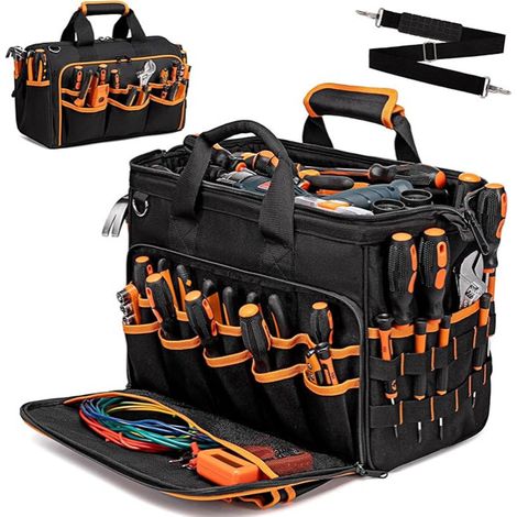 Sac à Outils 17 Pouces 35L Oxford Grande Capacité - Sacoche Outillage Multi Poches Bandoulière Poignée - Mallette Électricien Plombier Menuisier Artisan Chantier Charge 15 kg Noir Orange 43,2x24,9x32  (1/4)