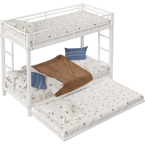 Lit superposé enfant 90x200 cm en métal blanc avec lit gigogne, garde-corps hauts, structure robuste et certifié EN747 pour chambre moderne - CHICFURN (1/5)