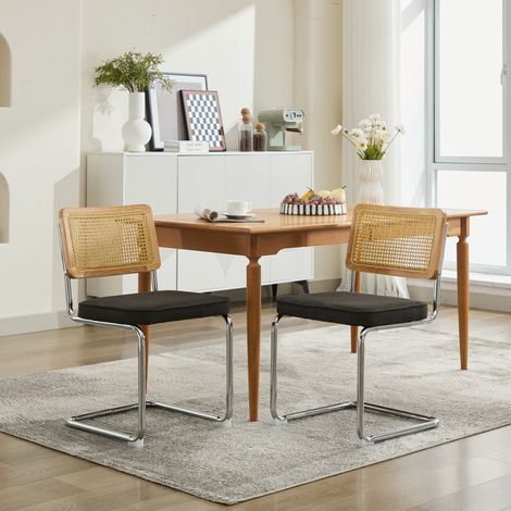 Lot de 2 chaises de salle à manger, style moderne - Chaises en velours avec dossier en rotin et base en chrome inoxydable, chaises de cuisine en rotin - Beige (1/5)