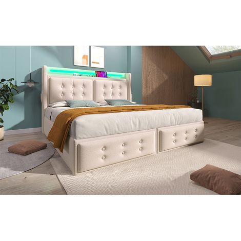 Lit capitonné double 160x200 cm, tête LED et USB-C, lit hydraulique avec sommier bois et métal, 300 kg, beige coton, matelas non inclus (1/5)