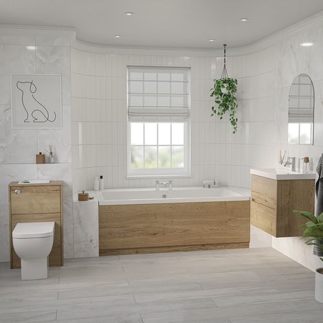 Kendel 1700mm x 750mm Straight Double Ended Bathroom Suite including Autumn Oak Furniture Set with Slim Edge Basin (1/5)