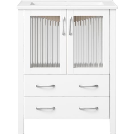 Armario de baño con lavabo cerámico 61 cm blanco brillo con cajones y puertas acanaladas (1/5)