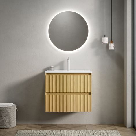 Mueble de baño suspendido de cerámica y contrachapado roble dorado y blanco, 61 cm, con 2 cajones (1/5)